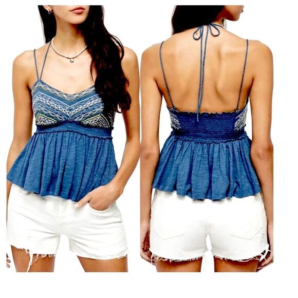 Free People XL Blue Babydoll Cami Top Cotton Linen Blend Embroidered Boho Hippie - Picture 2 of 14